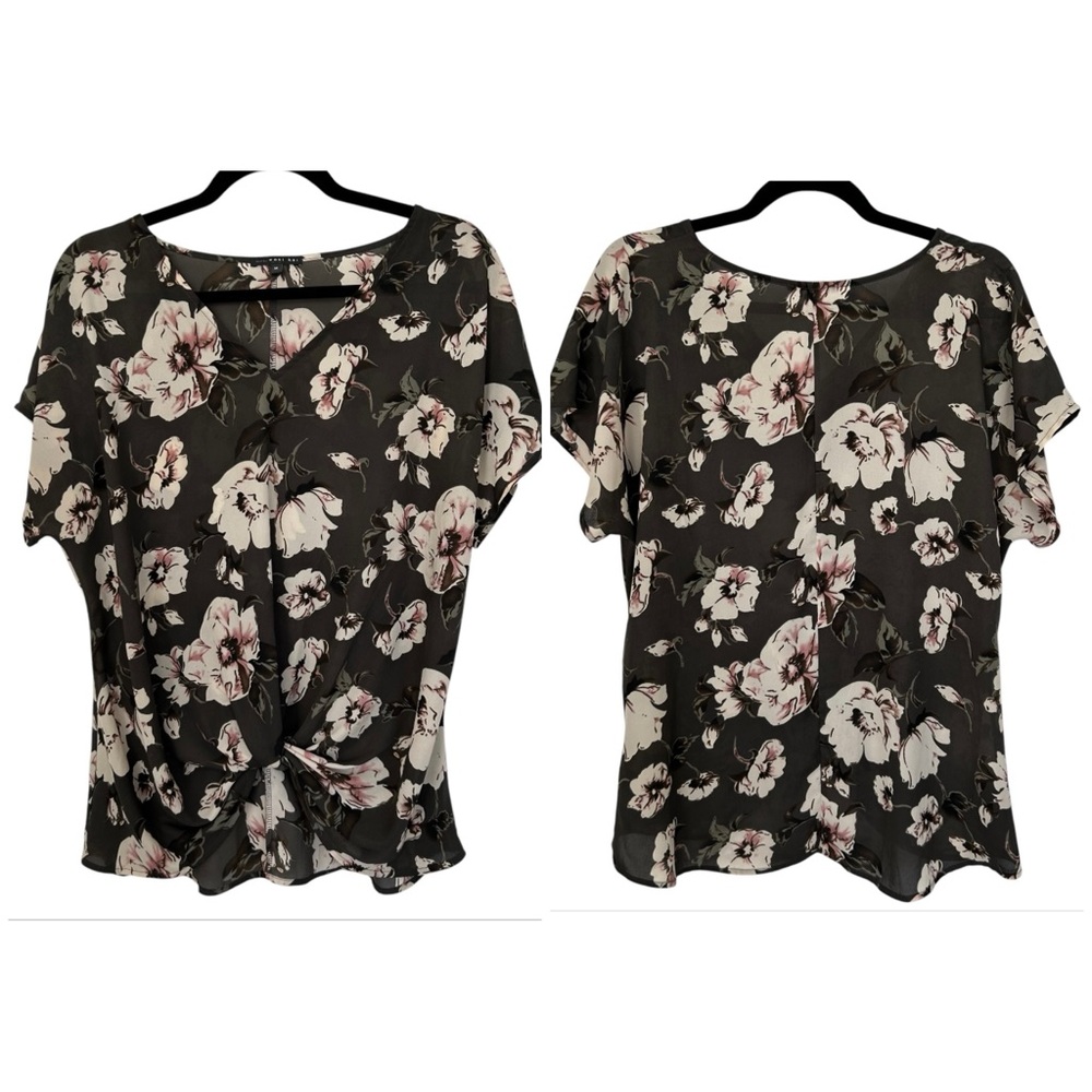 WEST KEI Woman’s Blouse Black/Off White‎ Floral Tie Draped Front Cap Sleeve L